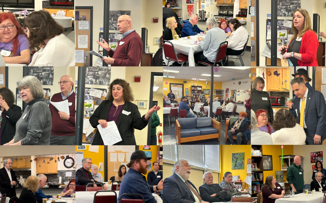 Alt text: "A collage from Bridges' Legislative Breakfast held on March 27th, showcasing a community gathering where legislators, clients, and staff of Bridges come together. Individuals are engaged in discussions, presenting, and listening intently in various settings of the meeting. Clients and family members share personal stories, while staff discuss clinical insights. Legislators and city officials, including Representatives Ferraro, Gresko, Heffernan, Kennedy, and Smith, as well as Mayor Giannattasio and a representative from Senator Blumenthal's office, participate actively. The event highlights the importance of mental health funding and legislative support, underlining Bridges' commitment to providing accessible, supportive treatment and advocating for the needs of the community